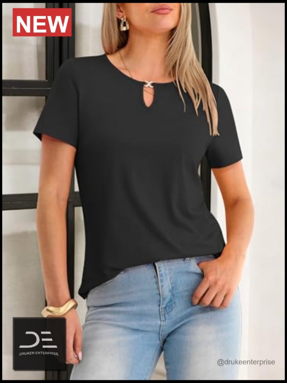 Keyhole Neck Short Sleeve T-Shirt with Regular Fit - Picture 4 of 7